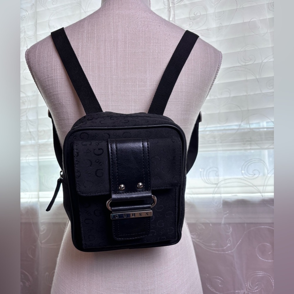 Guess Black Monogram Canvas Crossbody w/Silvertone Logo Buckle